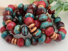 Load image into Gallery viewer, Aqua Picasso, Rustic Red, Bronze - Designer Czech Rondelle Mix - 9x6mm - 20pcs