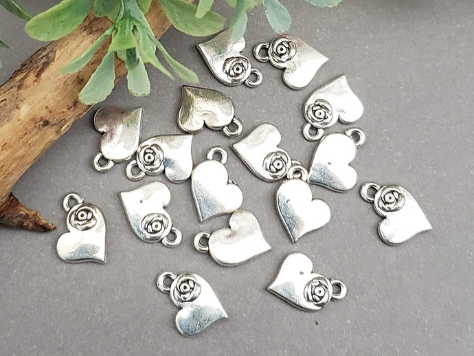 Tibetan Silver Heart w/Embossed Rose Charms -12x15mm - 8pcs