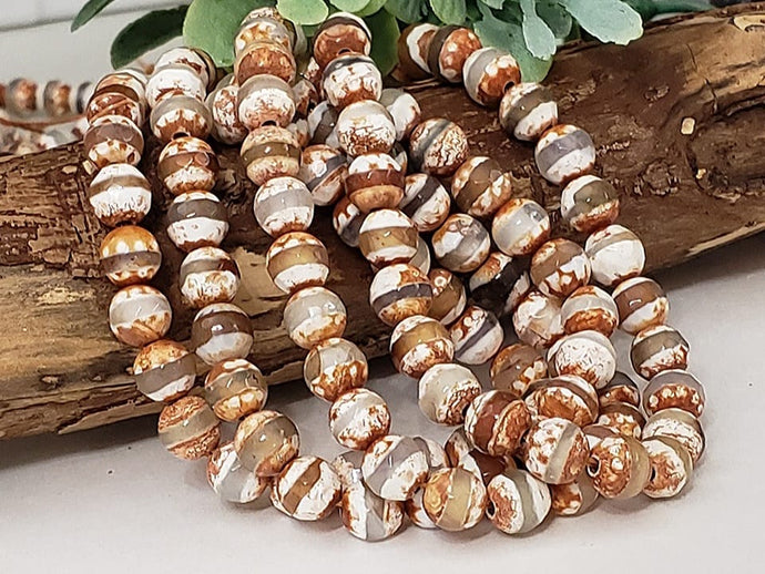 Faceted Brown White Tibetan Dzi Agate - 8mm