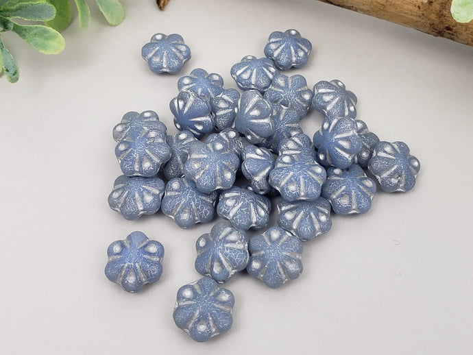 Matte Denim Blue Silver Wash Czech Pillow Flower - 11mm - 12pcs