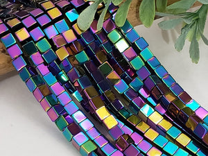 Metallic Rainbow Hematite Cubes - 4mm - 16" strand