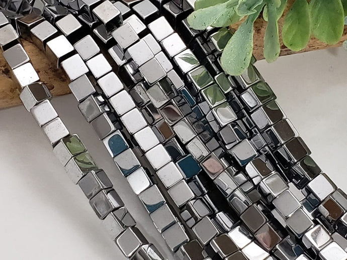 Metallic Silver Hematite Cubes - 4mm - 16