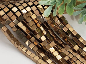 Metallic Copper Hematite Cubes - 4mm - 16" strand