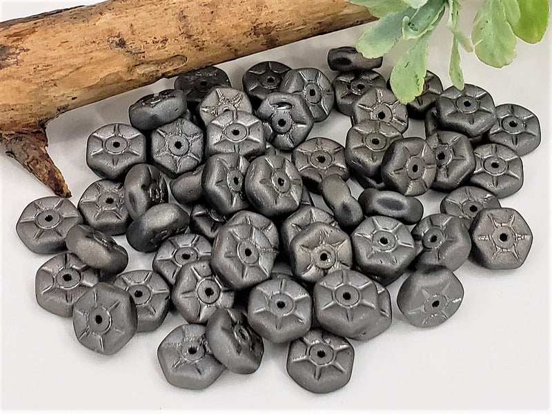Matte Grey Silver Wash - Czech Hexagon Disc - 8x3mm - 20pcs