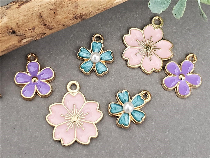 Flower Charms Enamel Mix - 3 Sets