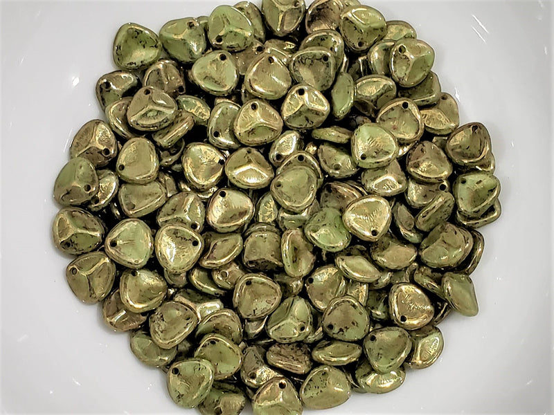 Olive Green Gold Luster - Czech Rose Petals - 8x7mm - 20pcs