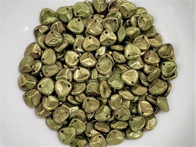 Olive Green Gold Luster Czech Rose Petals - 8x7mm - 20pcs