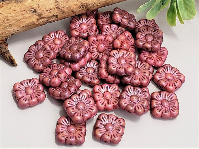 Silk Cherry Pink Czech Flower Squares - 11mm - 10pcs
