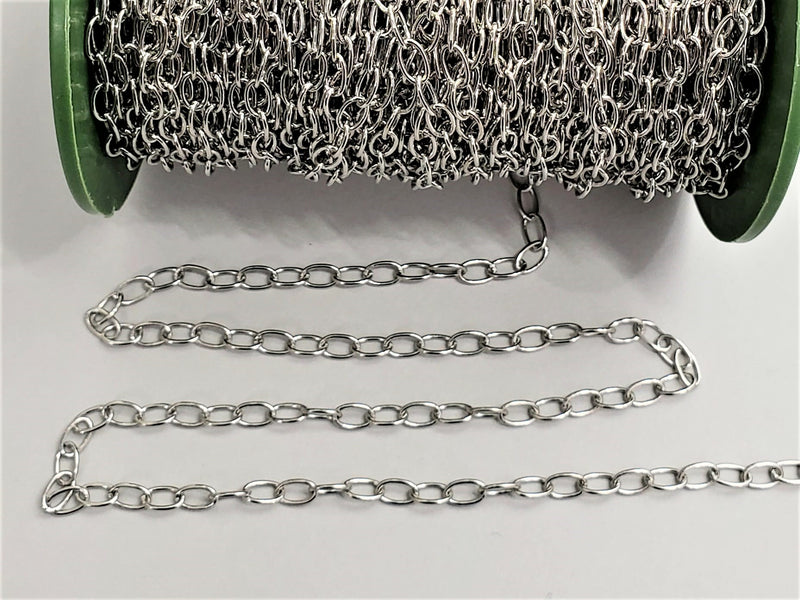 Non Tarnish Silver Rhodium - Stainless Steel Oval Cable Chain - 5x4mm - 1ft/12"