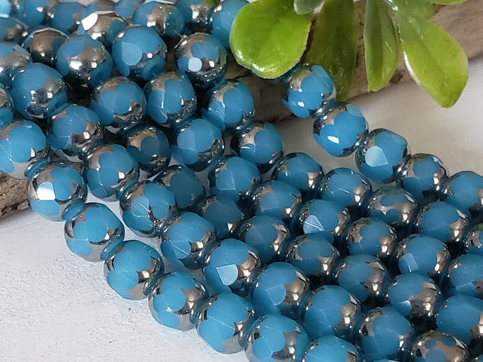 Milky Cerulean Blue Silver Edge - Faceted Cathedral Crystals - 8mm