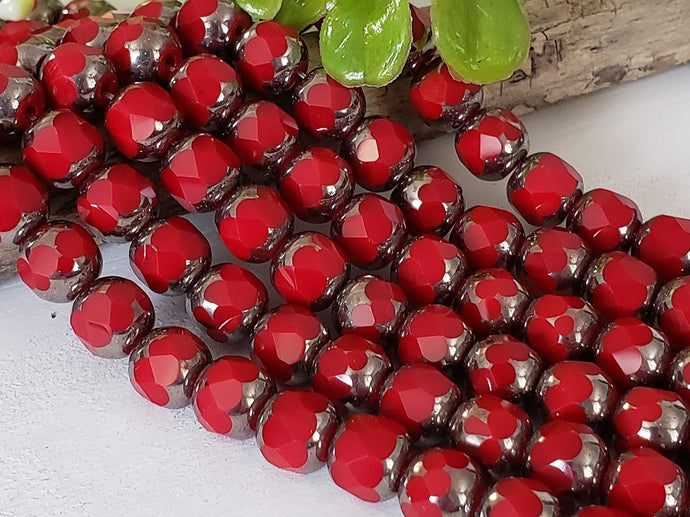 Lipstick Red Silver Edge - Faceted Cathedral Crystals - 8mm