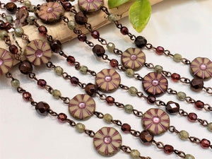 Silk Cranberry Picasso Coin  - Czech Rosary Chain - 1ft.