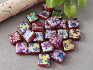 Red Iris Vitrail Flower Tiles - Czech Glass Beads - 10mm - 8pcs