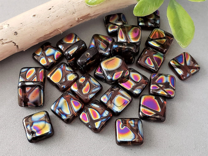 Dark Topaz Vitrail Tiles - Czech Glass Beads - 10mm - 8pcs