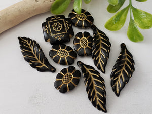 Assort Black Gold Wash Retro Art Deco Beads - 9pcs