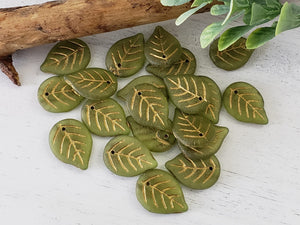 Frosted Olive Green Gold Wash - Czech Apple Leaf - 18x13mm - 10pcs