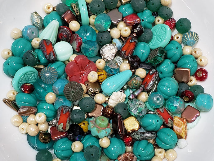 Teal Red Copper Cream Czech Glass Bead Soup Mix - 50grms