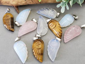 Natural Carved Angel Wings Rhodium Bail Gemstone Pendant