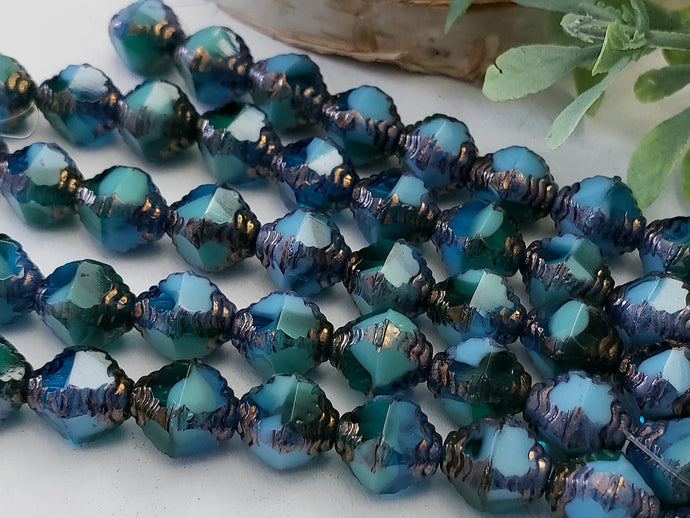 Opaque Blue Green - Etched Czech Bicone - 10x8mm - 10pcs