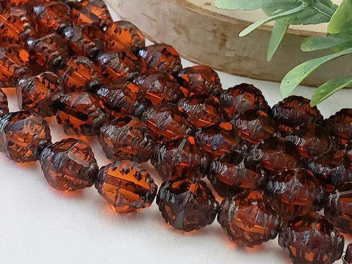 Burnt Orange Picasso - Etched Czech Bicone - 10x8mm - 10pcs