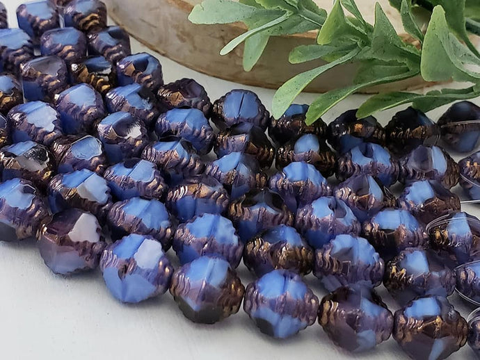 Opaque Purple Cornflower - Etched Czech Bicone - 10x8mm - 10pcs