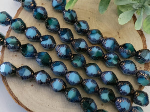 Opaque Blue Green - Etched Czech Bicone - 10x8mm - 10pcs