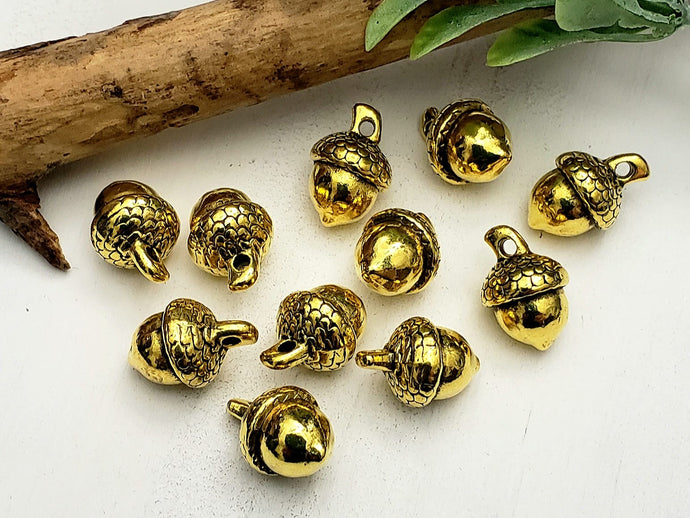 Antique Gold Plated Brass Acorn Charms - 15x10mm - 6pcs
