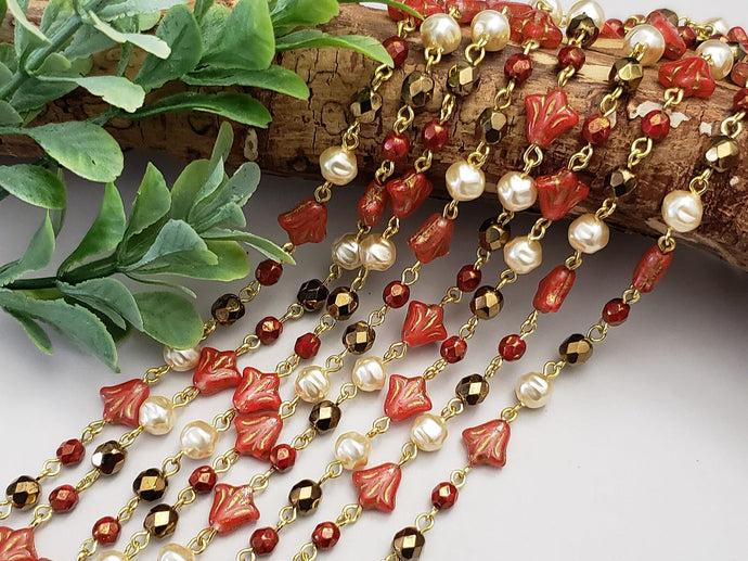 Coral Tulip Baroque Peals - Czech Rosary Chain - 1ft.