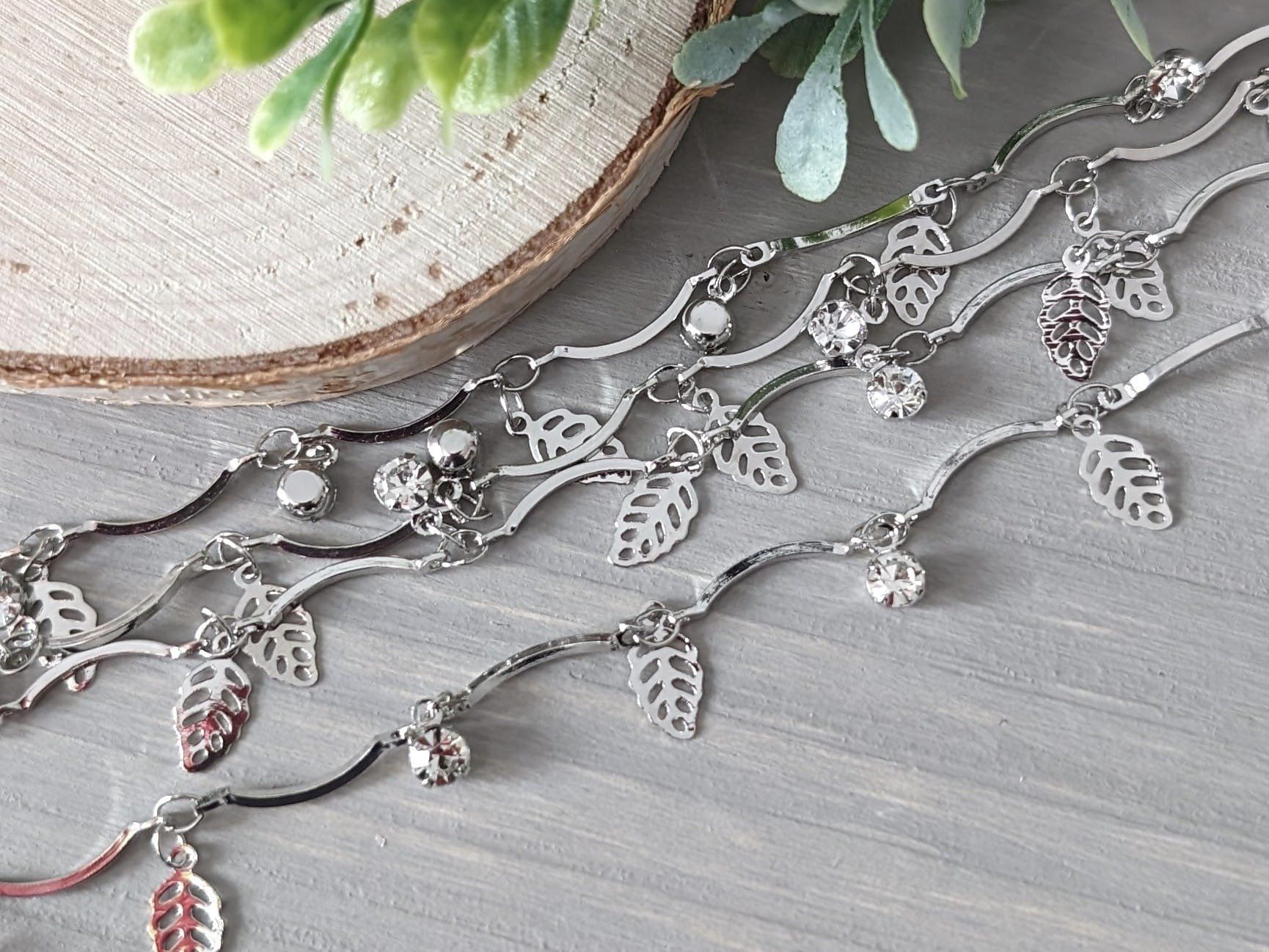 Rhodium Plated Rhinestone/Leaf Link Chain - 12"/1 ft