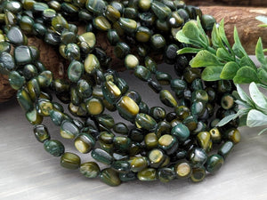 Pine Green - Irregular Dyed Shell Nuggets - 5 to 8mm - 15" Strand