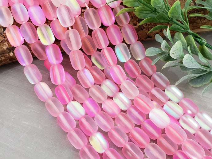 Frosted Pink Aurora Borealis Barrels - Mermaid Glass - 10x8mm - 14