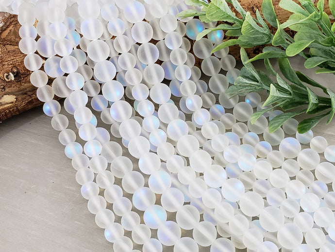 Frosted White Aurora Borealis  Glass Beads - 6/8mm - 15