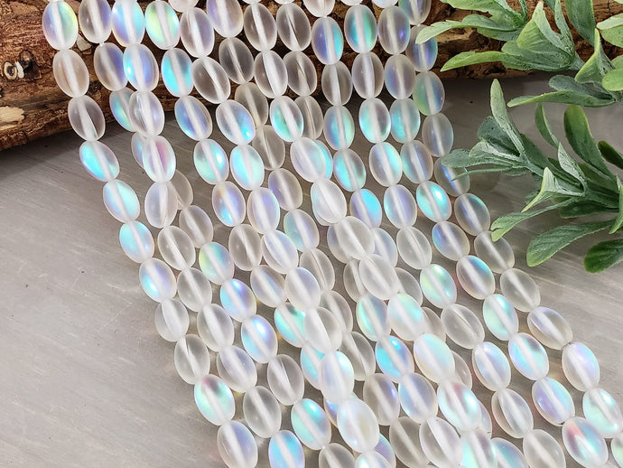 Frosted White Aurora Borealis Rice Beads - Mermaid Glass - 8x5mm - 16