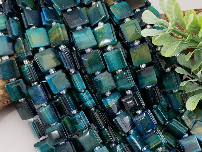 Marine Blue Tiger Eye - Groove Tiles Gemstones - 10mm - 7.5