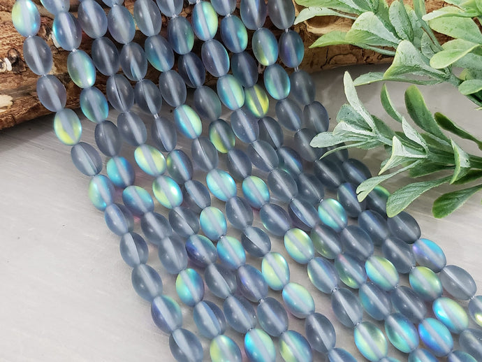 Frosted Grey Aurora Borealis Rice Beads - Mermaid Glass - 8x5mm - 16