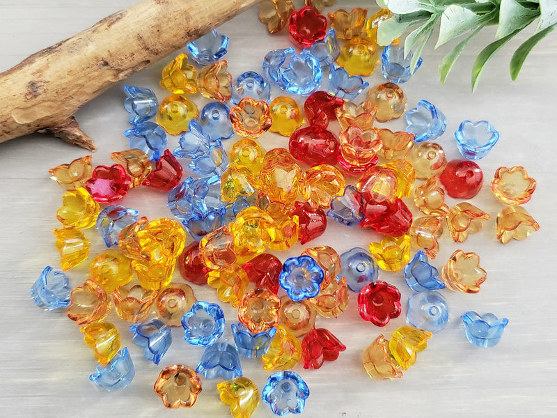 Blue Red Amber - Acrylic Bell Flower Mix - 10mm - 50pcs