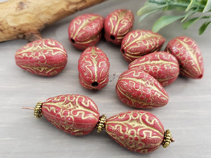 Coral Red Gold Swirl Wash - Lucite Melon Teardrops - 18x10mm - 8pcs