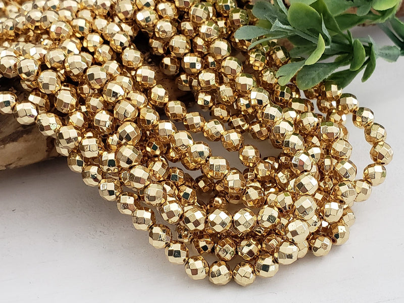 14k Champagne Gold Metallic - Checkered Cut Round Hematite - 6mm