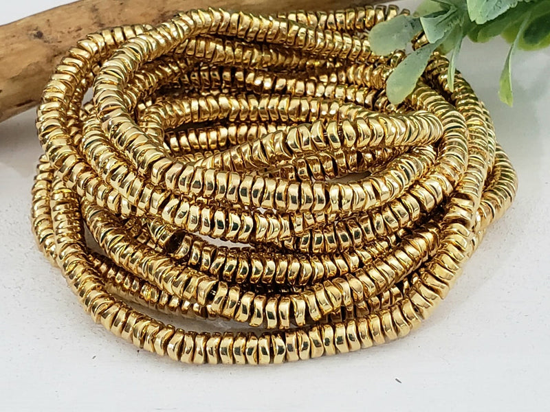 14k Gold Plated Metallic  - Wavy Hematite Disc  - 4mm - 15.5" Strand