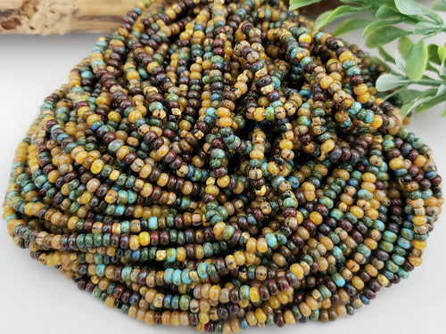 Aged Caribbean Blue Stripped Picasso - Czech Seed Bead Mix - 7/0 - 3.5mm - 20" Strand