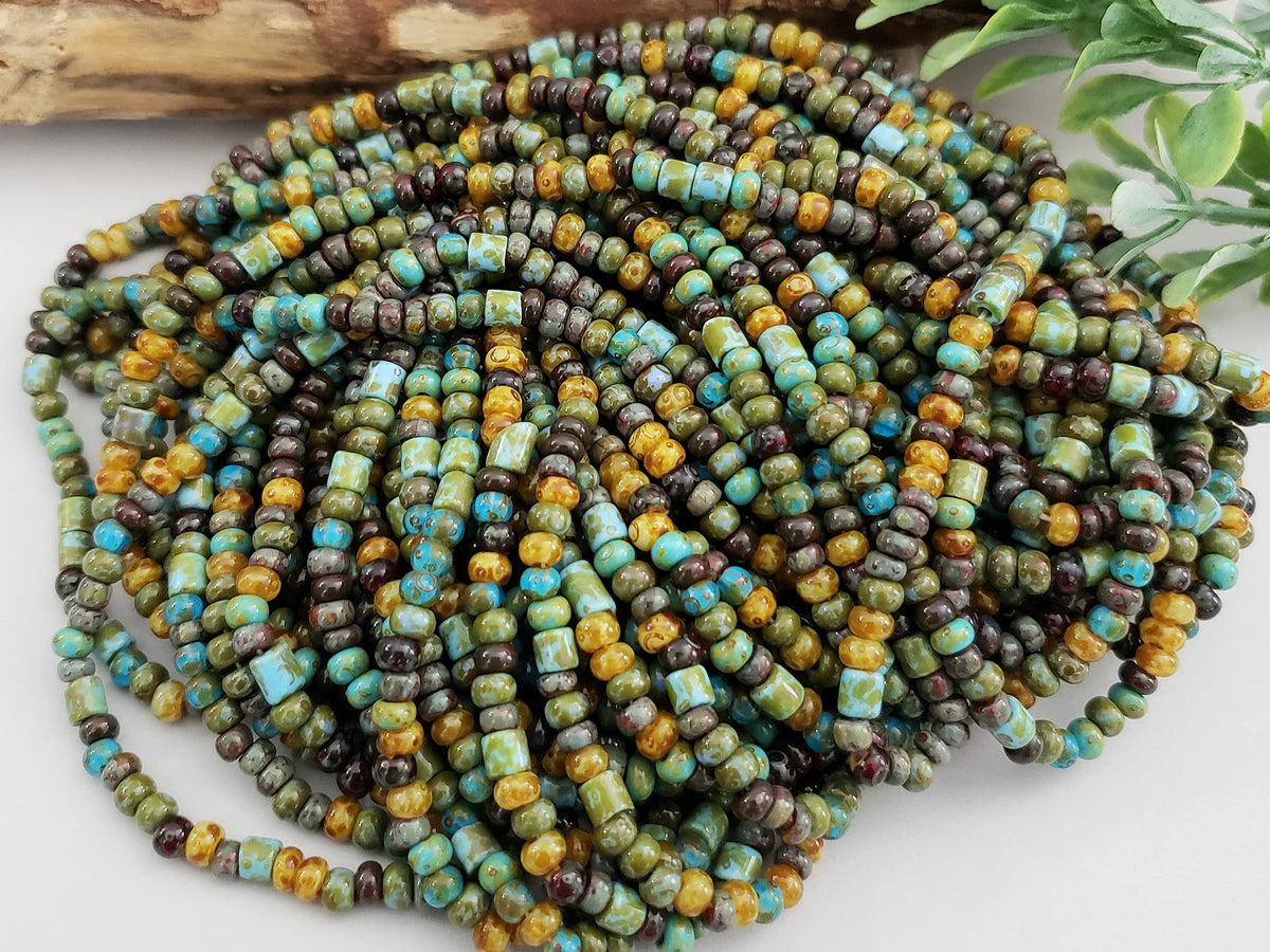 6/0 Aged Azul Picasso - Czech Cylinder Seed Bead Mix - 4mm - 10" Strand