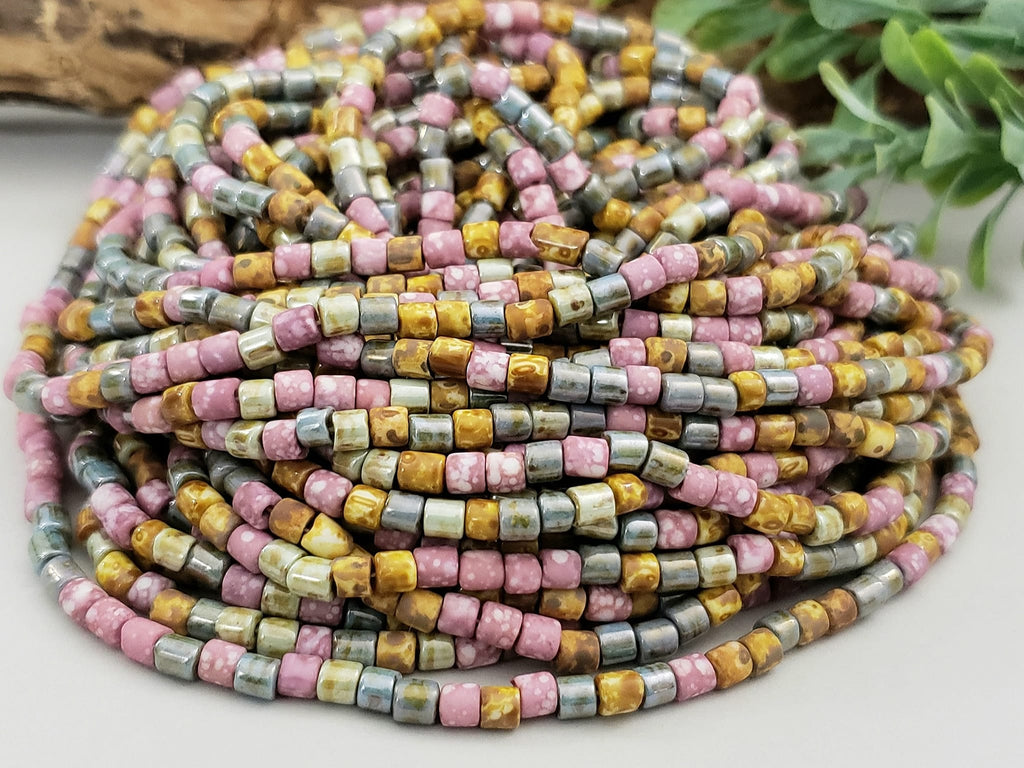 Aged Pink Medley Picasso - Czech Cylinder Mix - 6/0 - 4mm - 10" Strand