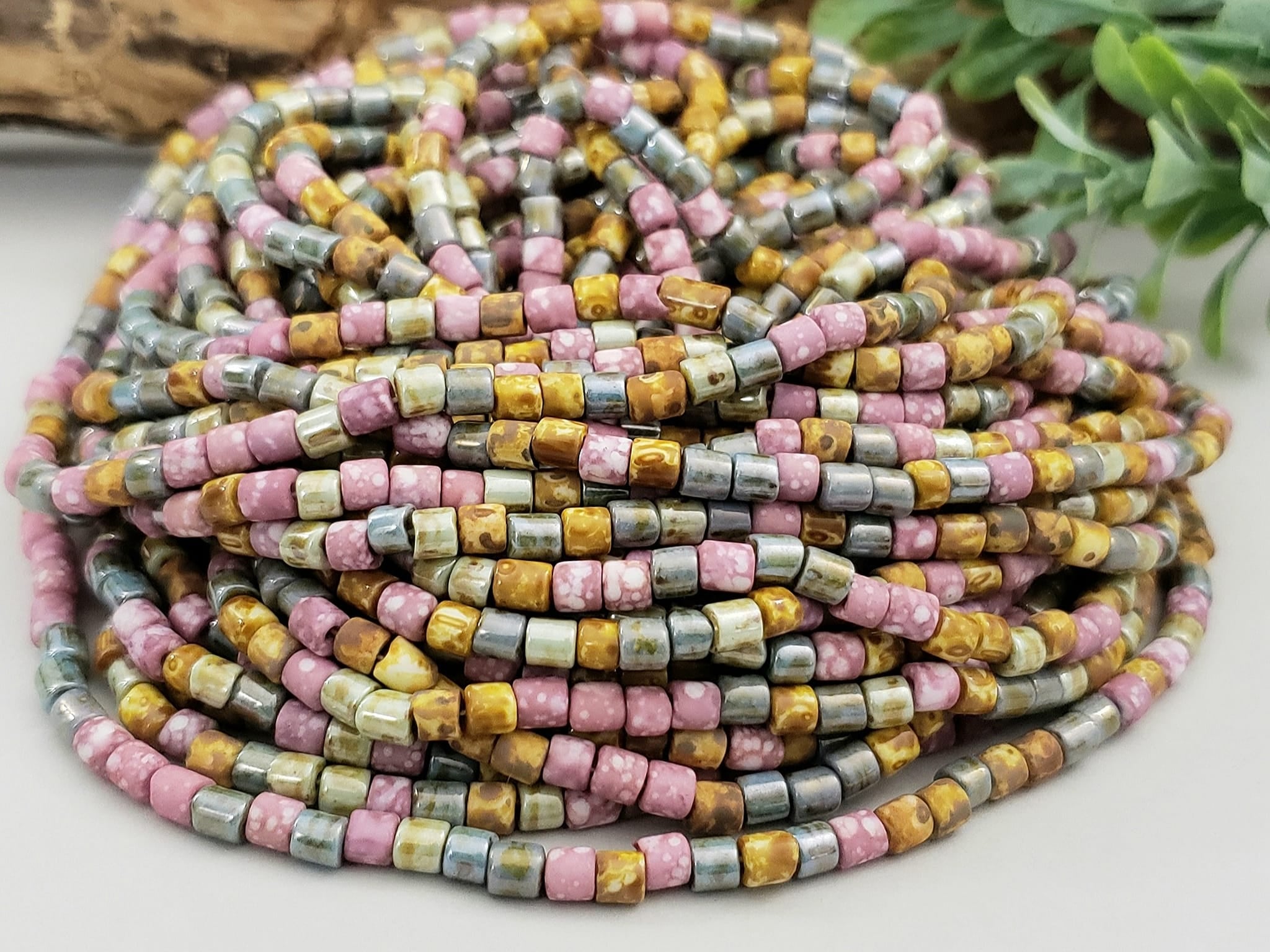 Aged Pink Medley Picasso - Czech Cylinder Mix - 6/0 - 4mm - 10" Strand
