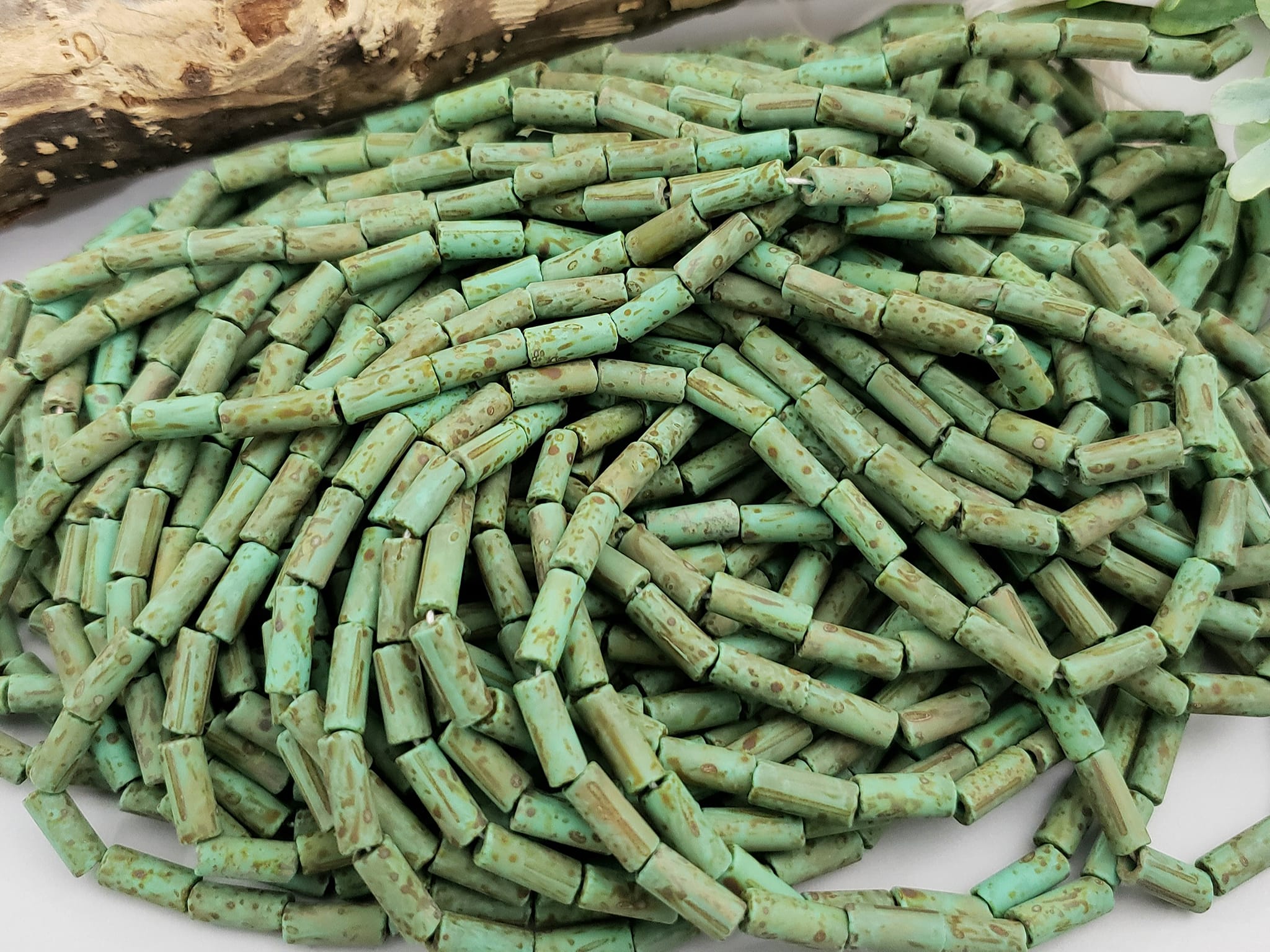 Aged Matte Turquoise Green Picasso - Czech Tubes - 9x4mm - 10