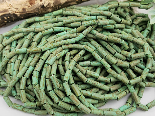 Aged Matte Turquoise Green Picasso - Czech Tubes - 9x4mm - 10" Strand