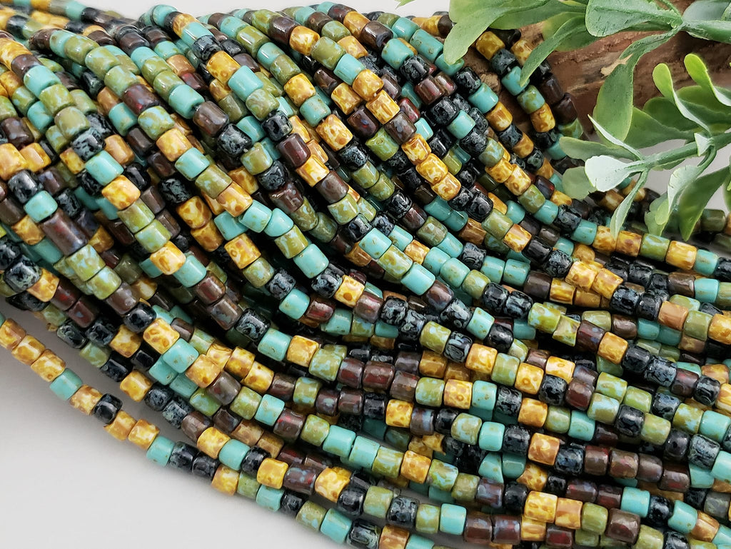 Aged Southwest Picasso  - Czech Cylinder Mix - 6/0 - 4mm - 10" Strand
