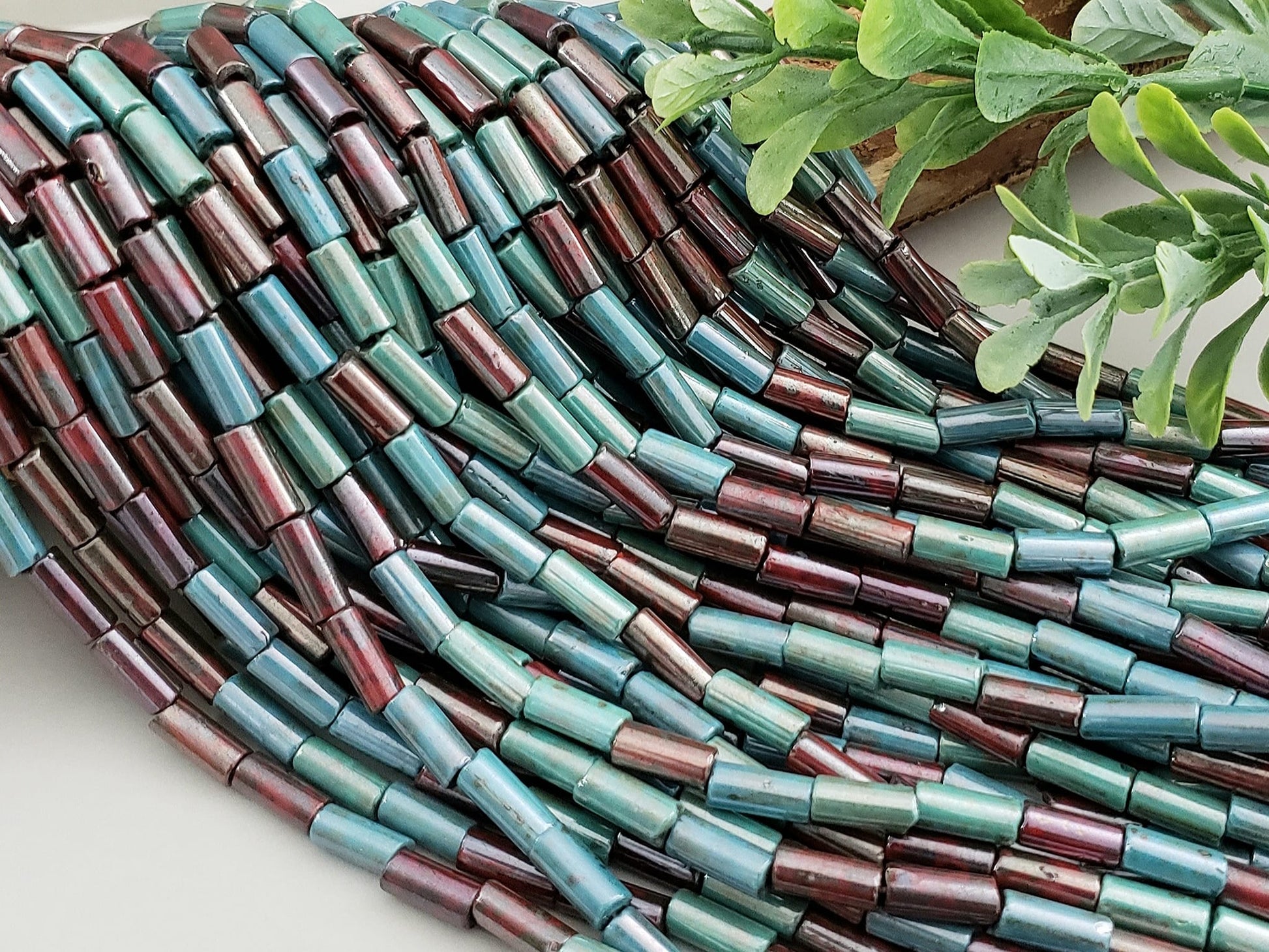 Denim & Wine Czech Bugle Mix - 9x4mm - 10" Strand