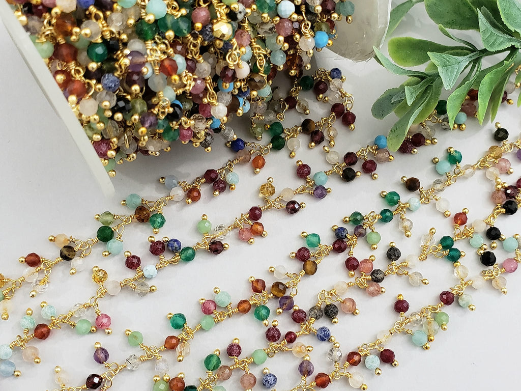 Multi Gemstone - E-Coated Brass Drop Chain - 3.5-4mm - 6" inch