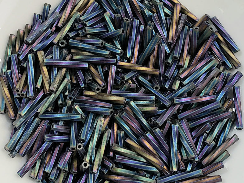 Matte Black AB - Twisted Miyuki Bugle Beads - 12x2mm - 10grams