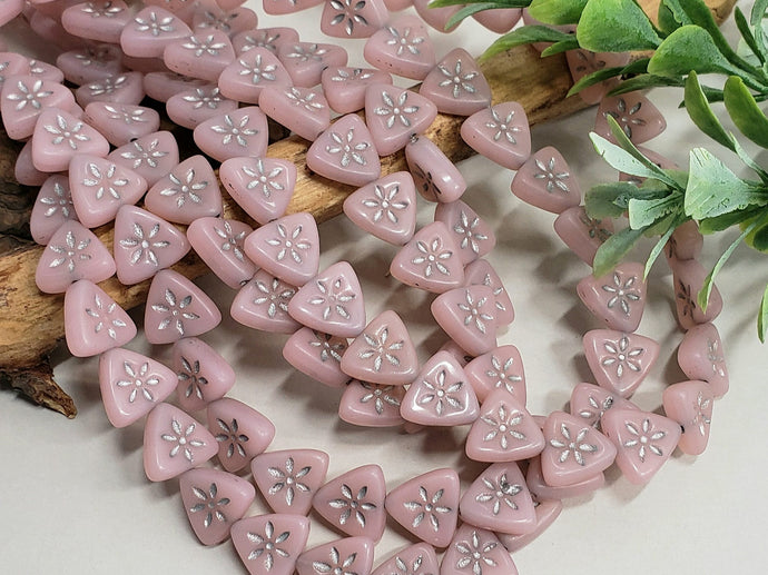 Soft Pink Silver Daisy Flower Wash - Triangle Czech Beads - 10mm - 12pcs